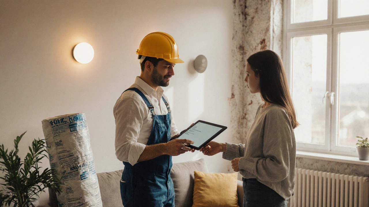 Auftragnehmer und Eigentümer besprechen nachhaltige Renovierungsmaßnahmen im Wohnzimmer.