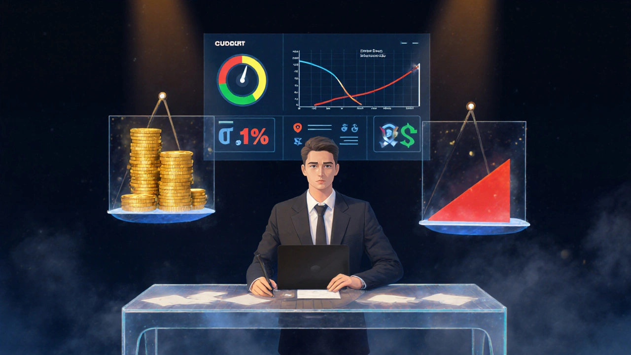 Benutzer überwacht holografisches Dashboard mit APY‑ und Impermanent‑Loss‑Diagrammen.