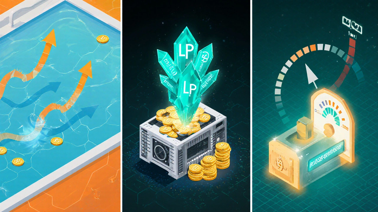 Drei Szenen zeigen Handelsgebühren, Liquidity‑Mining‑Token und Staking‑Belohnungen.