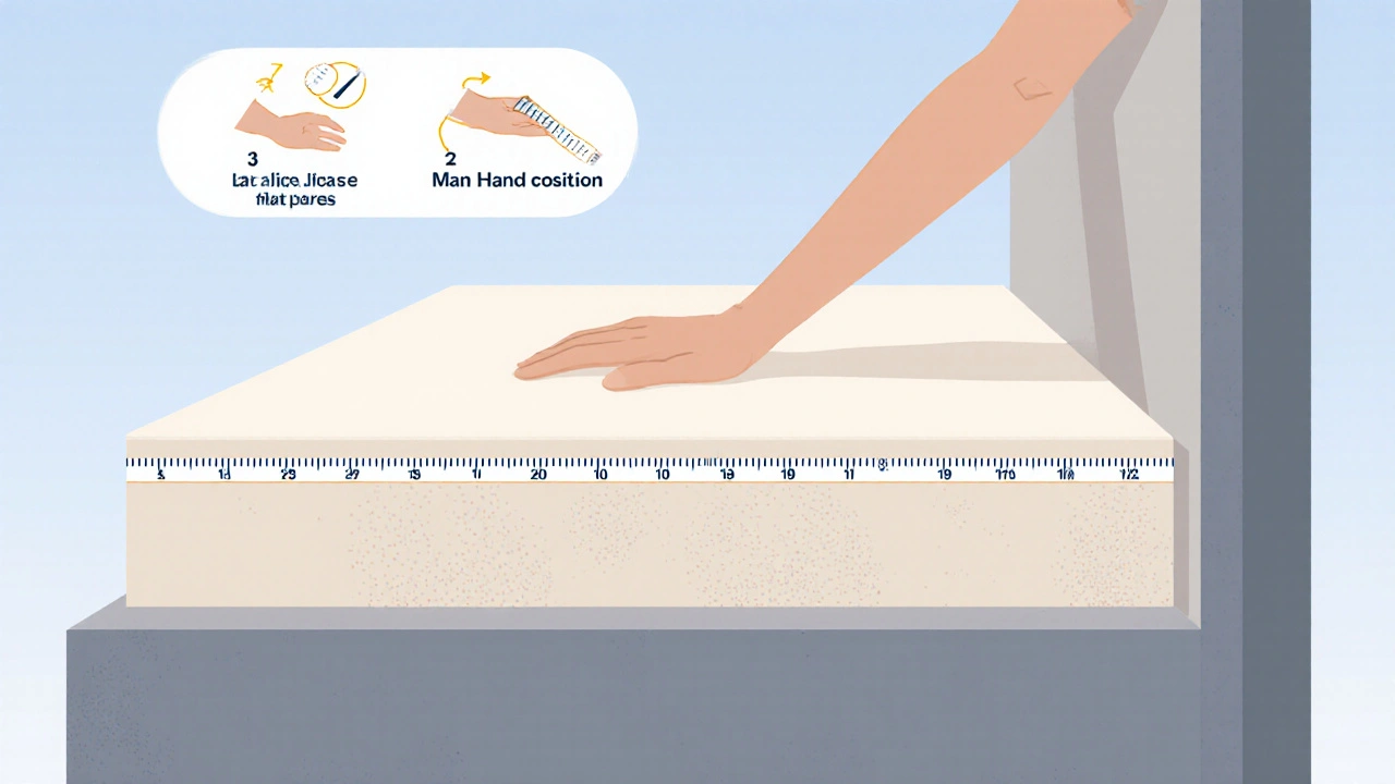 Illustration: Messband vom Boden zur Handfläche auf dem Boxspringbett, drei Messschritte.