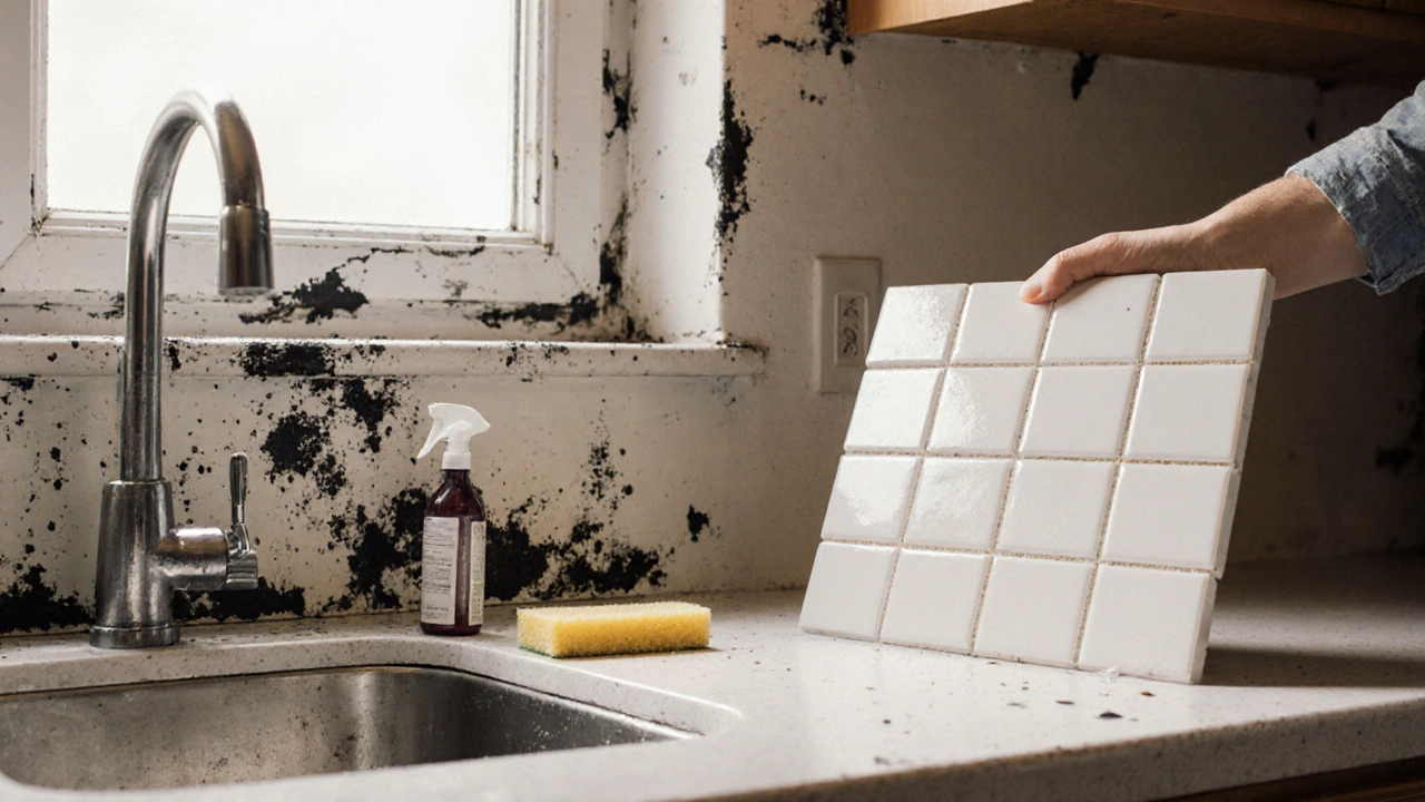 Abblätternde Wandfarbe mit Schimmelflecken hinter der Spüle, neben einer Keramikfliese als Vergleich.