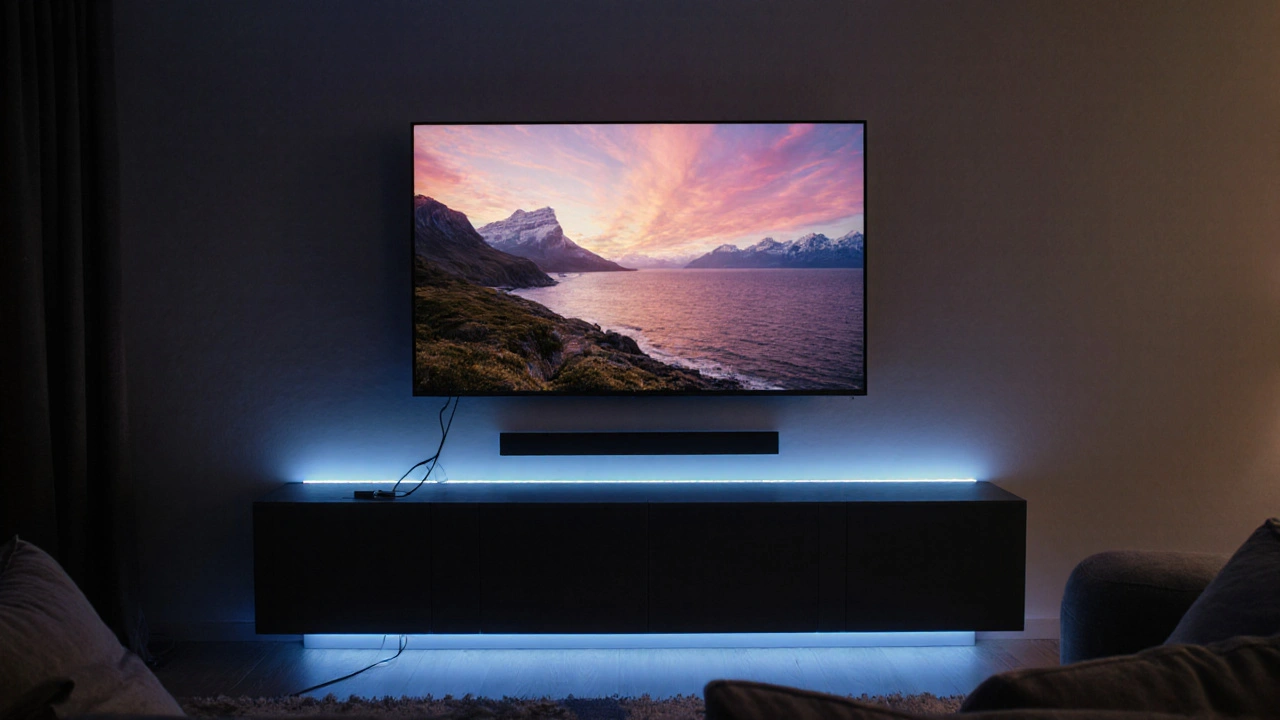 Abendliches Wohnzimmer, 80‑Zoll‑4K‑TV mittig, Soundbar, LED‑Beleuchtung, gemütlich.