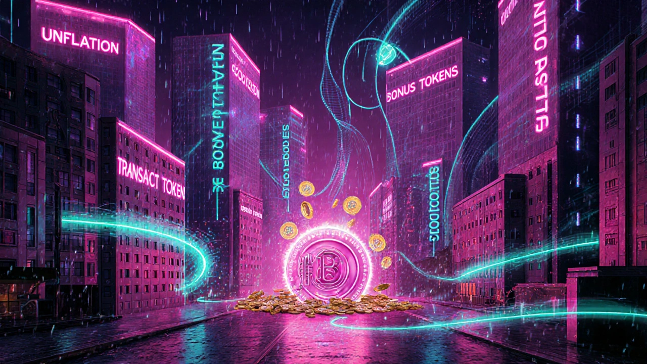 Cyberpunk‑Stadt visualisiert Inflations‑, Gebühren‑ und Bonus‑Reward‑Ströme zu einem Validator‑Tresor.