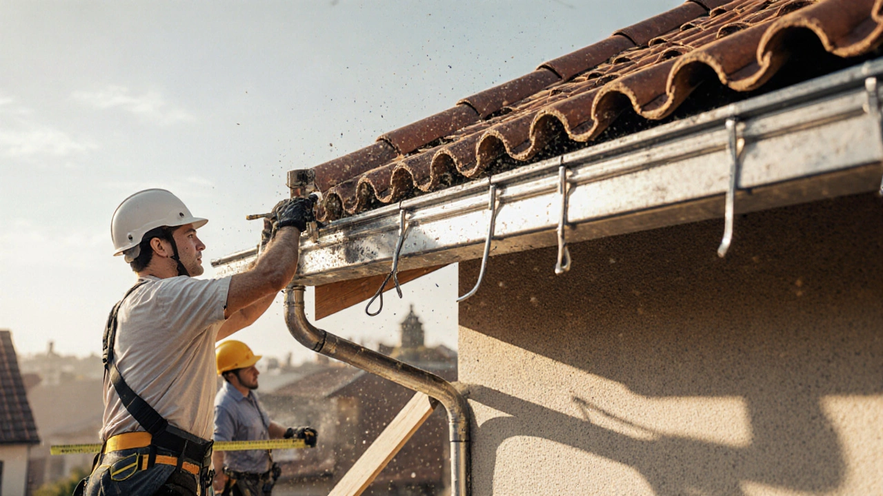 Dachdecker installiert Stahl-U-Profile zur sicheren Verlängerung des Dachüberstands unter professioneller Aufsicht.