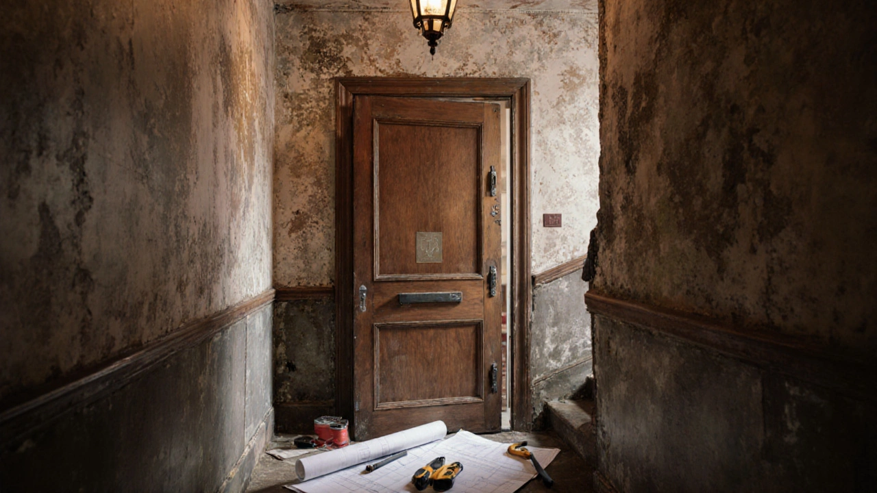 Feuerschutztür wird in historischem Treppenhaus installiert, optisch alt, technisch modern.