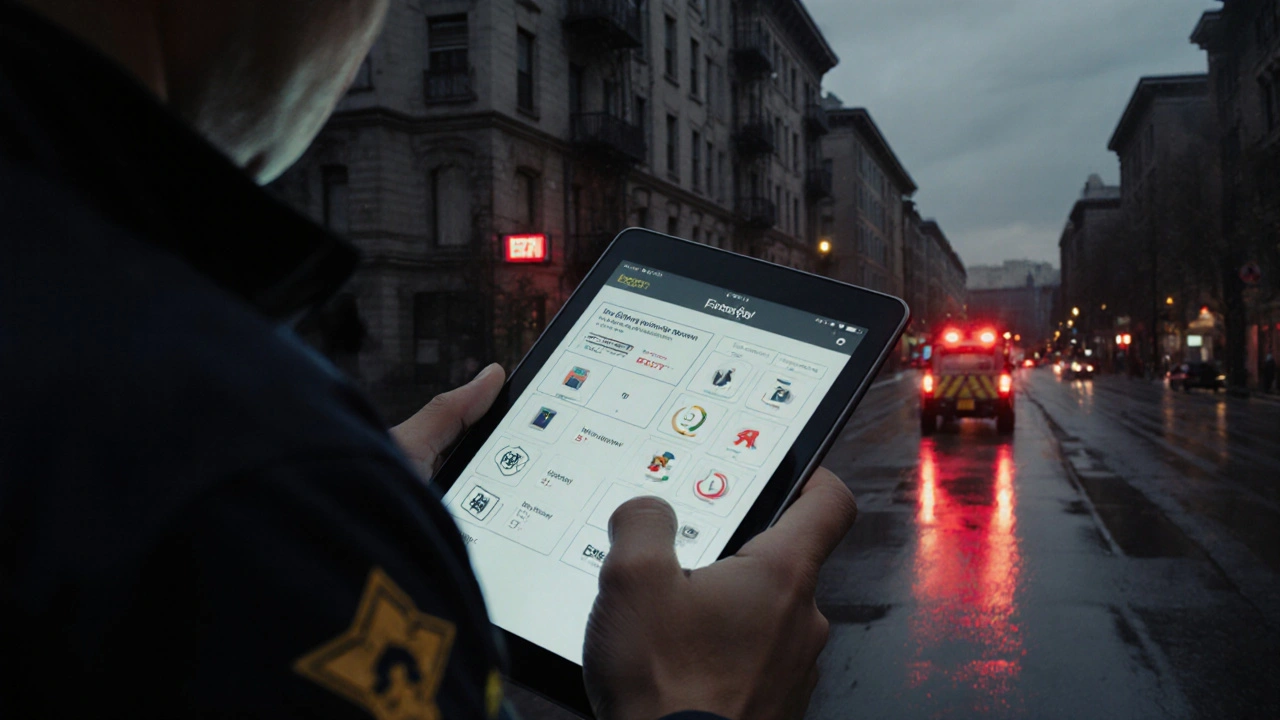 Feuerwehrinspektor prüft digitale Brandschutzakte vor einem Altbau bei Dämmerung.