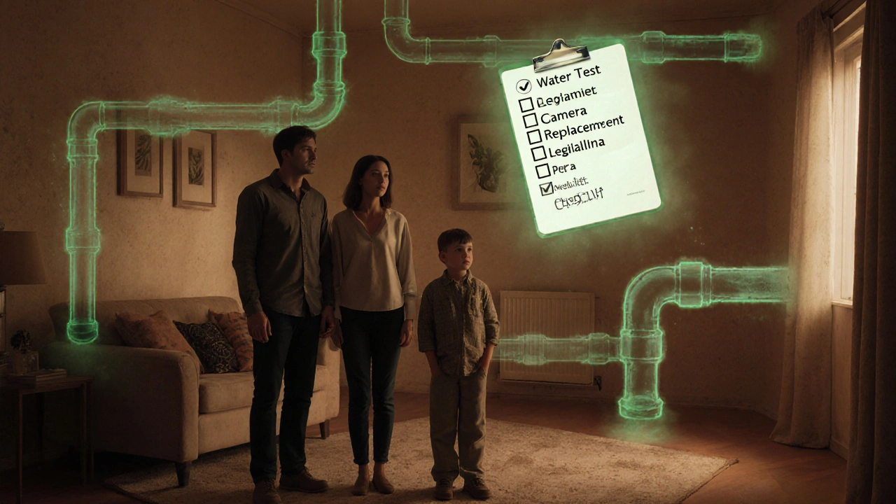 Geisterhafte Rohre in Wänden geben giftige Partikel ab, während eine Sanierungs-Checkliste schwebt.
