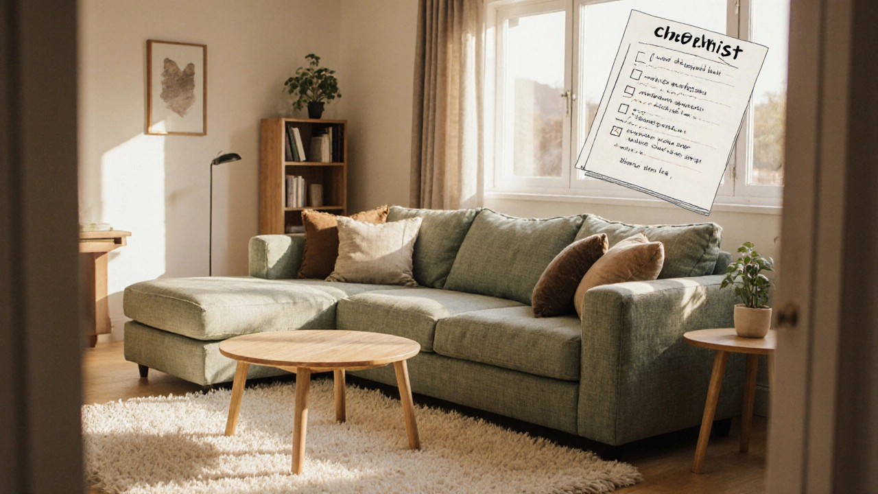 Gemütliches Wohnzimmer mit mintgrünem Leinen‑Ecksofa, Holzdetails und Sonnenlicht.