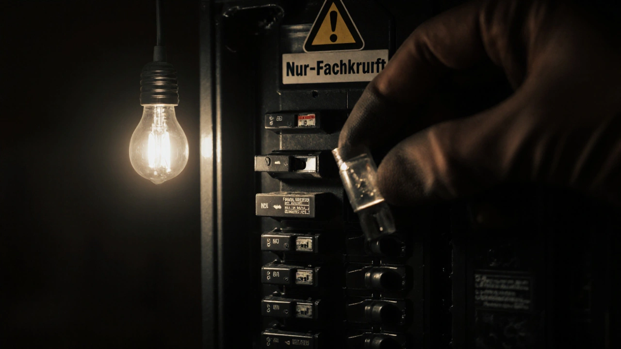 Hände wechseln eine Sicherung im Zählerschrank, Warnhinweis sichtbar.