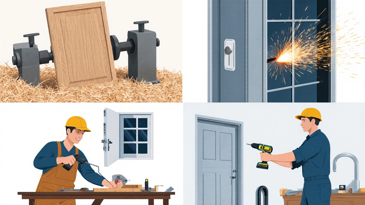 Illustration der vier Handwerker: Tischler, Schlosser, Fenster‑ und Türenbauer, Allround‑Handwerker.