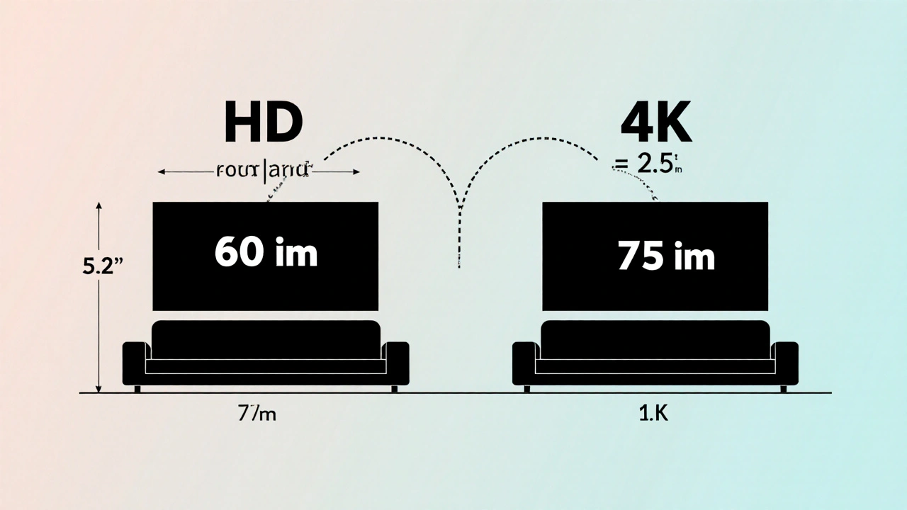 Illustration zweier Fernseher (60‑Zoll HD, 75‑Zoll 4K) mit 3 m Abstandslinien und Formeln.