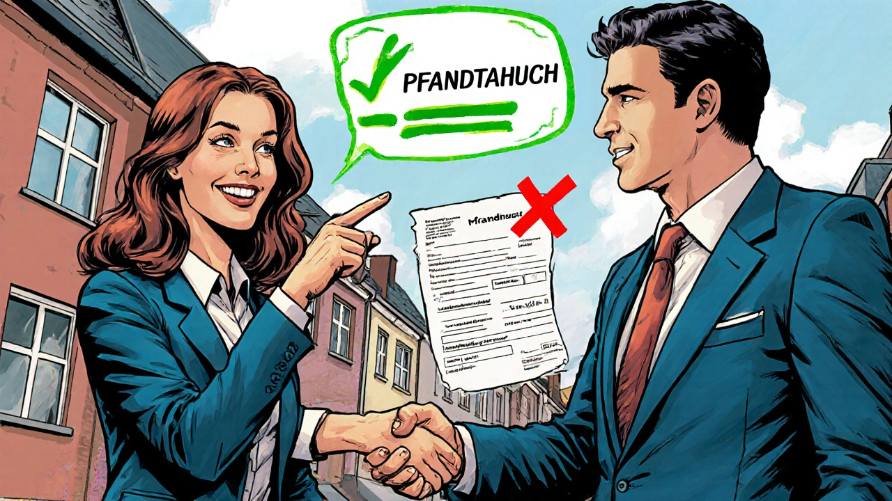 Immobilienmakler erklärt Pfandtausch an Käufer und Verkäufer, grünes Haken-Symbol über ihnen.