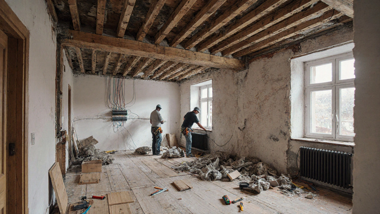 Innenausbau eines Wohnzimmers mit freiliegenden Balken und neuen Fenstern.