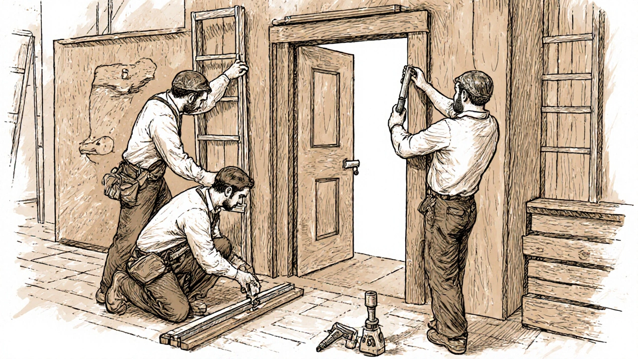 Installationscrew aus Handwerkern um einen neuen Türrahmen, Detailzeichnung.