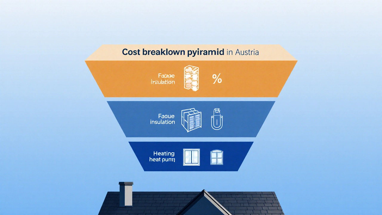 Kostenverteilung einer Hausrenovierung als Pyramidendiagramm mit symbolischen Elementen.