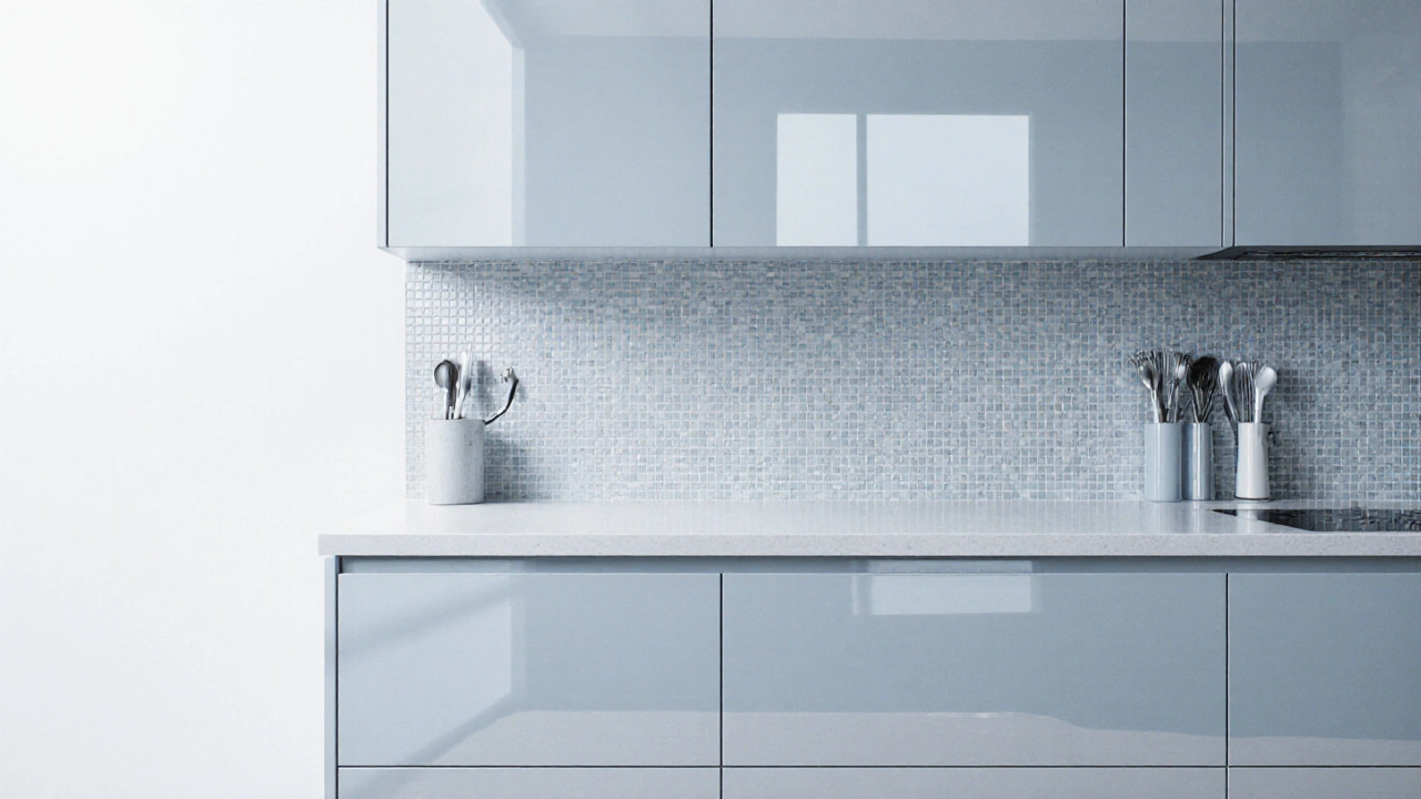Minimalistische Küche mit verborgenen Fliesen hinter glatten Fronten, durchschnittlicher Schnitt zeigt Schutzschicht.