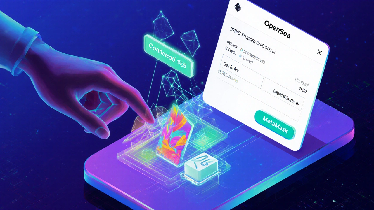 OpenSea‑Erstellungs‑Interface, Kunstdatei wird hochgeladen, IPFS‑Verbindung und Gas‑Gebühr angezeigt.