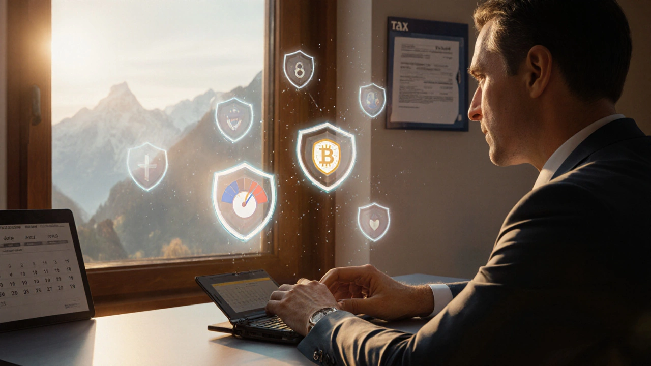 Realistisches Bild eines Stakers mit Hardware‑Wallet, Validator‑Icons, Kalender und Steuerunterlagen.