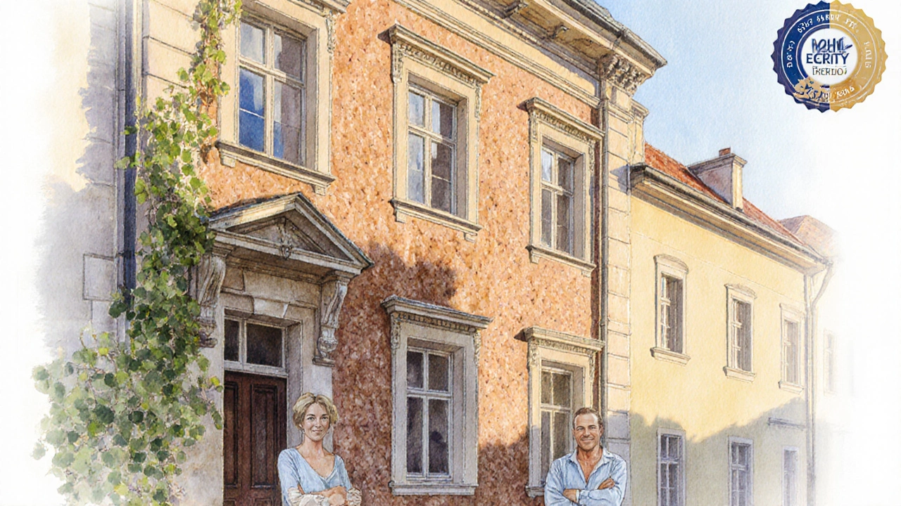 Restauriertes Altbauhaus mit Holzfaser‑Dämmung, sonniger Morgen, zufriedener Eigentümer.