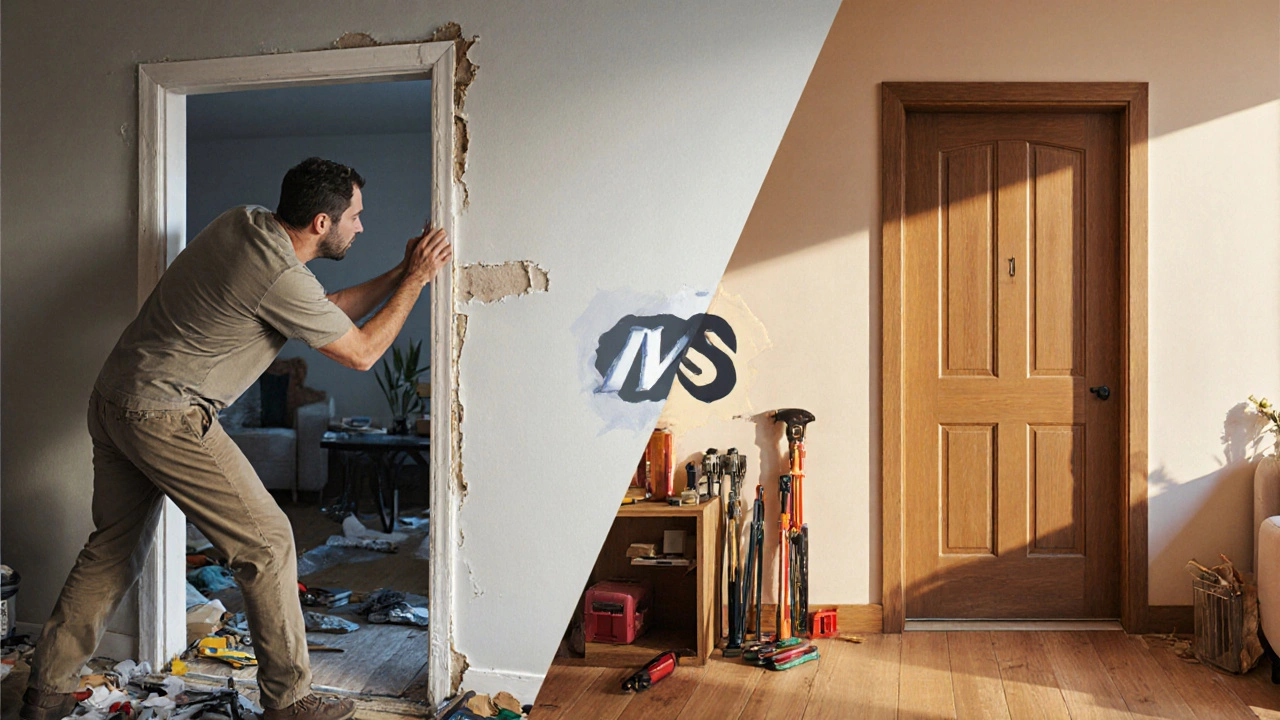 Vergleich: DIY mit Fehlpassung neben professionell eingebauter, perfekter Tür.