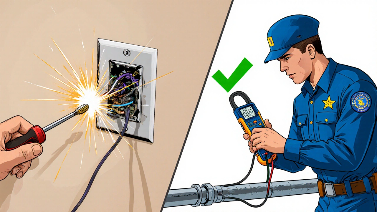 Vergleich: Laieninstallation mit Funken vs. fachgerechte Verkabelung.