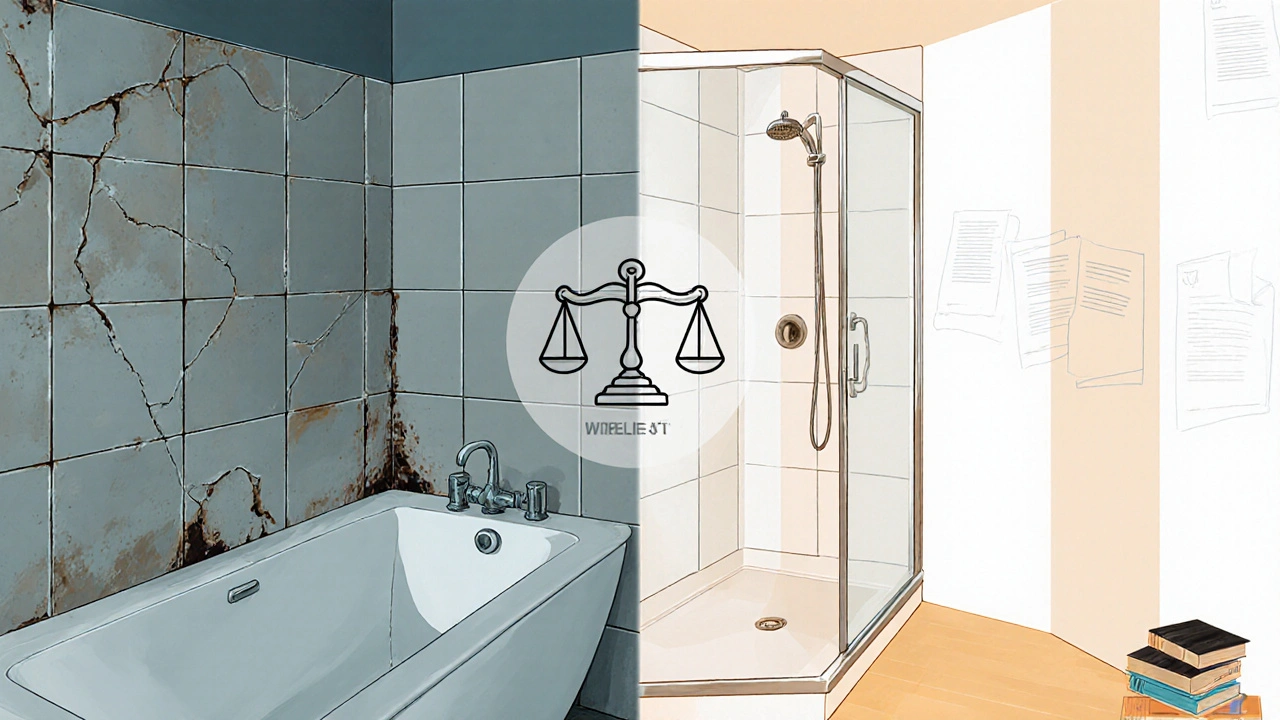 Vergleich zwischen altem, beschädigtem Bad und neu renoviertem Bad.
