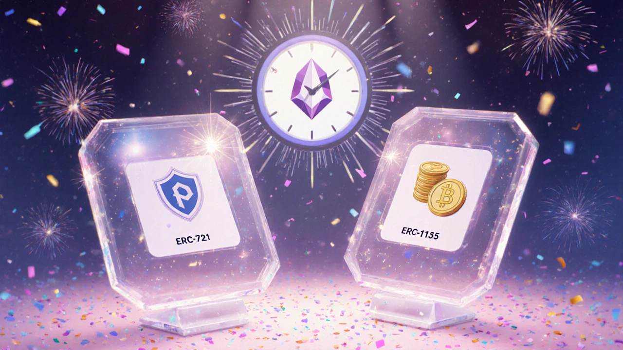 Virtuelle Galerie‑Launch mit holografischen NFTs, ERC‑721‑ und ERC‑1155‑Symbolen, Polygon‑Logo und Feuerwerk.
