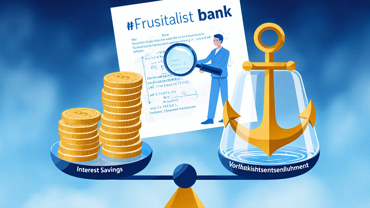 Waage mit Zinssparvorteilen und Vorfälligkeitsentschädigung als Anker, Bank als silhouettierte Figur.