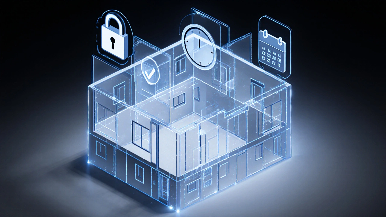 3D-Scan einer Wohnung mit rechtlichen Anforderungen als digitale Symbole: Datensicherheit, Zeitstempel, Einwilligung und 30-jährige Aufbewahrung.
