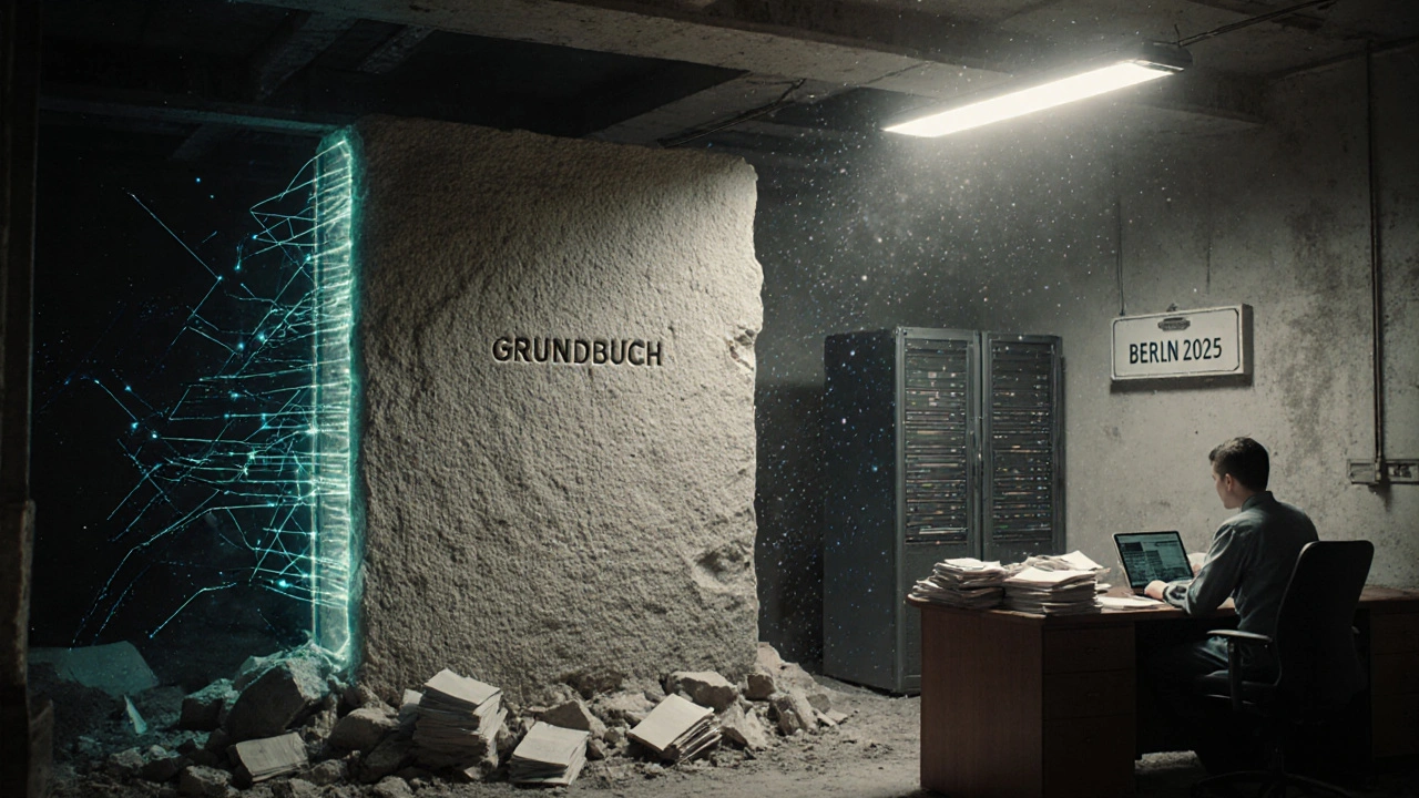Alter Grundbuchstein mit digitalen Datenströmen, ein Beamter blickt auf Stapel Papierakten, Kontrast zwischen Analog und Digital.