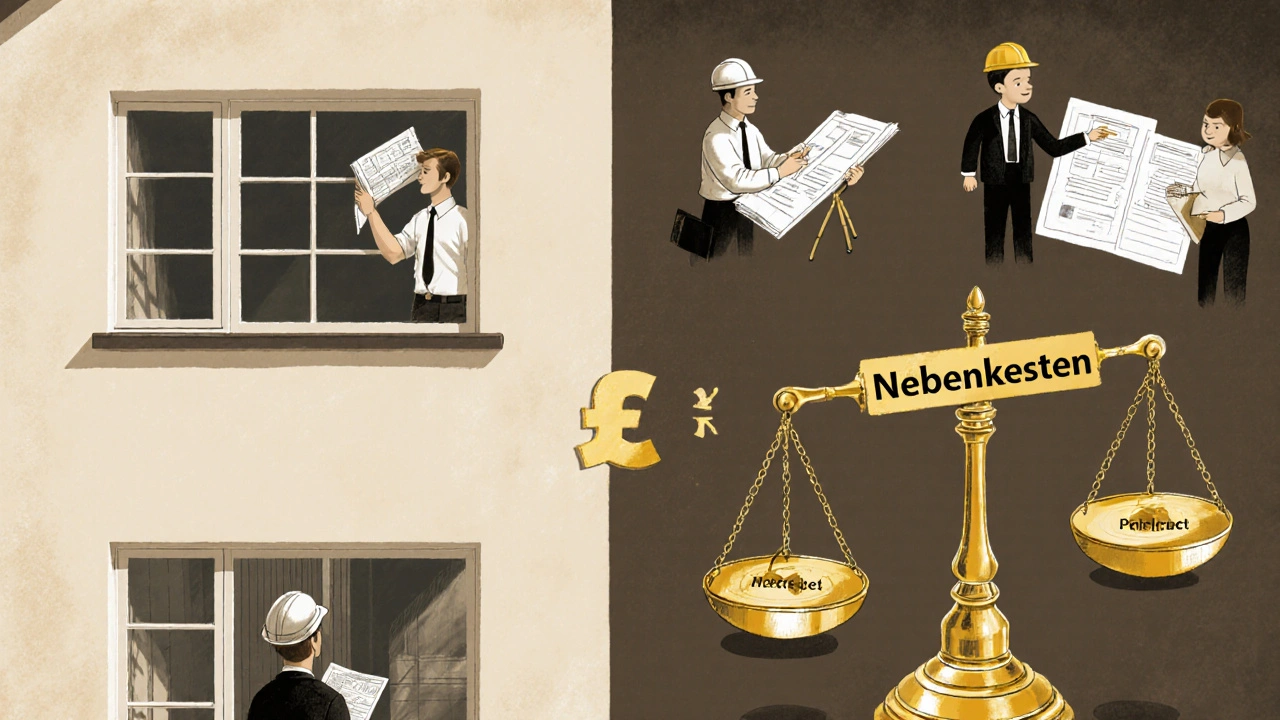 Aufgeschnittenes Haus: sichtbare Sanierung links, unsichtbare Nebenkosten rechts