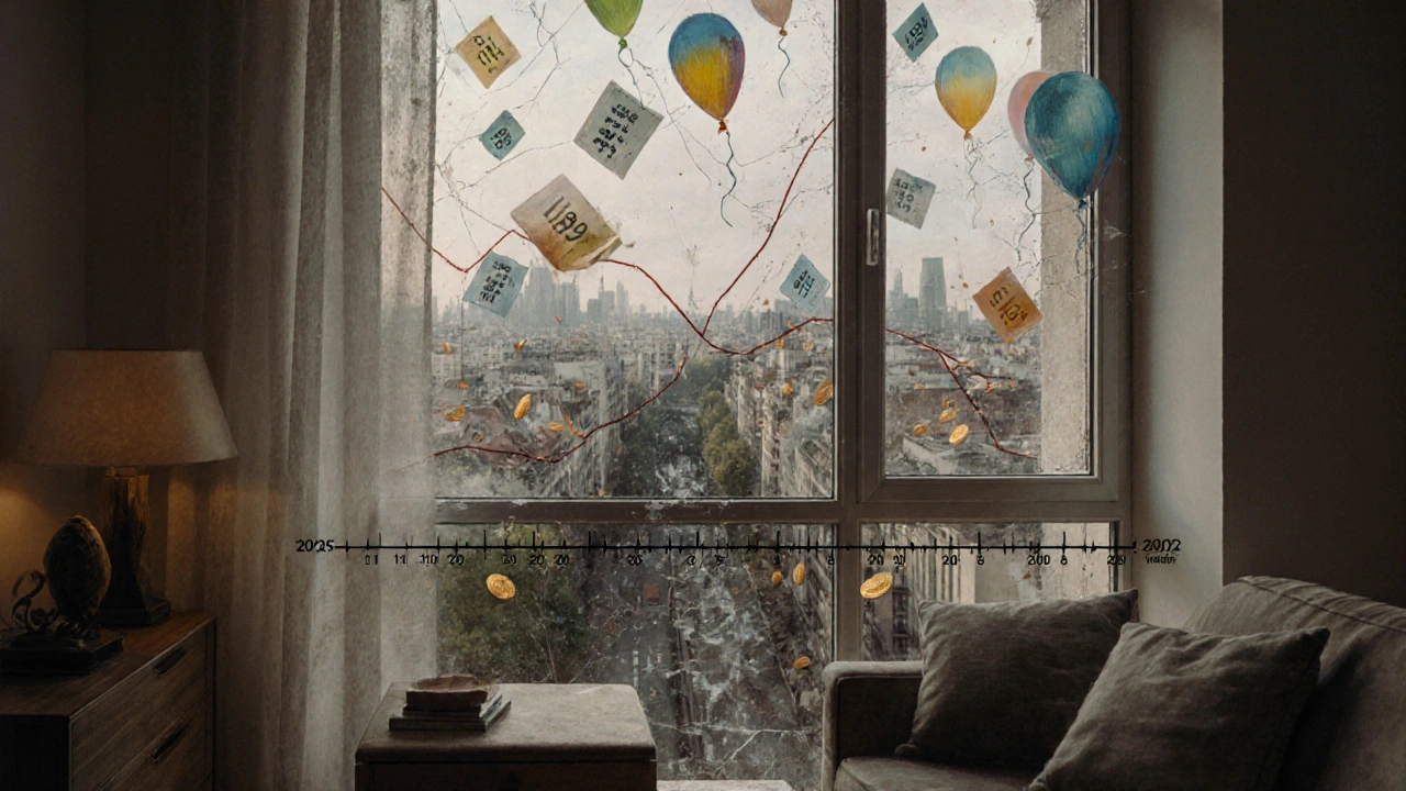Berlin-Apartment mit zersplittertem Fenster, Preise als Luftballons und zukünftiger Preisverfall.