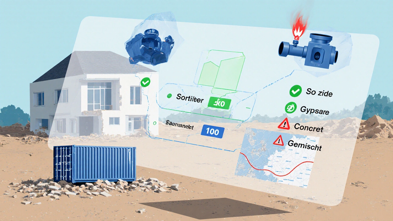 Digitale Kalkulationsanzeige mit Kosten-Icons über einer abgerissenen Baustelle, symbolisiert nachhaltige Wiederverwendung.