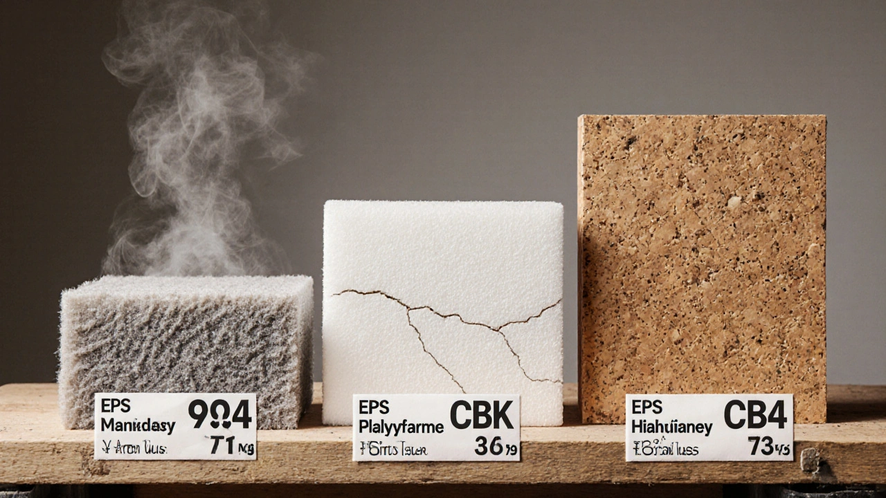Drei Dämmstoffe nebeneinander: Mineralwolle, EPS und Kork mit thermischen Kennwerten und texturalem Detail.
