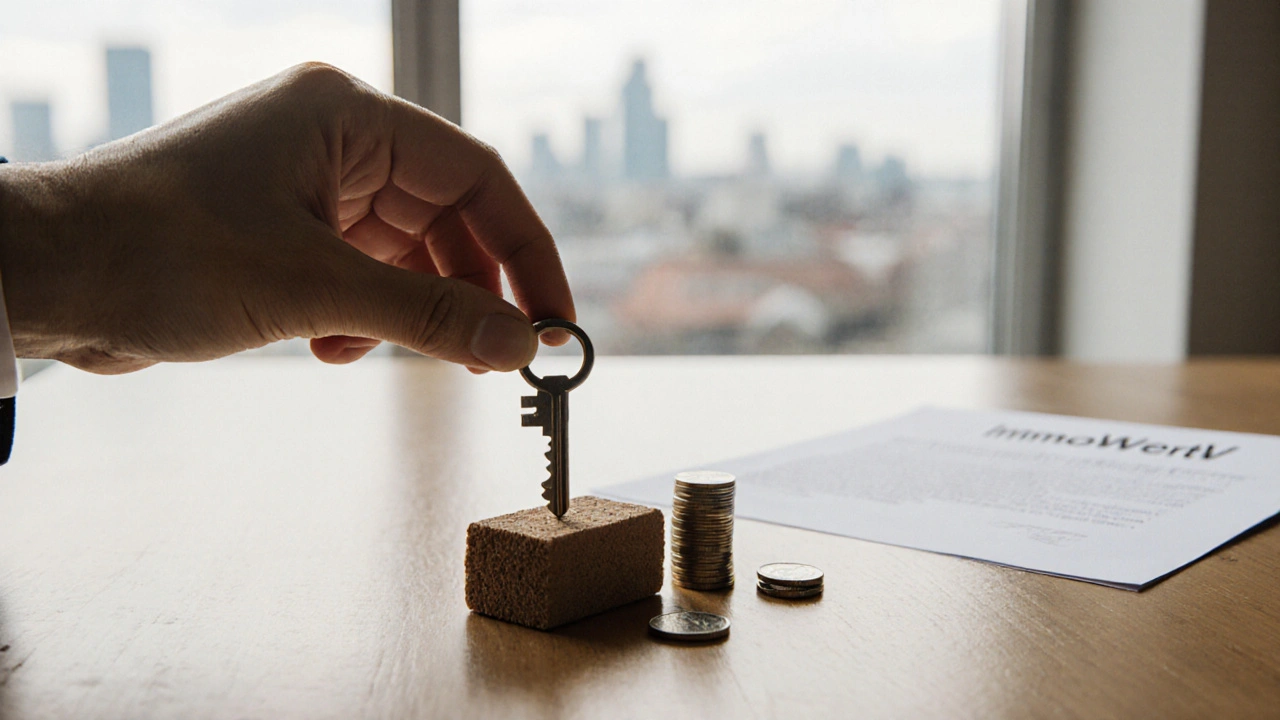 Drei Symbole für Immobilienwertmethoden auf einem Tisch mit Stadtansicht.