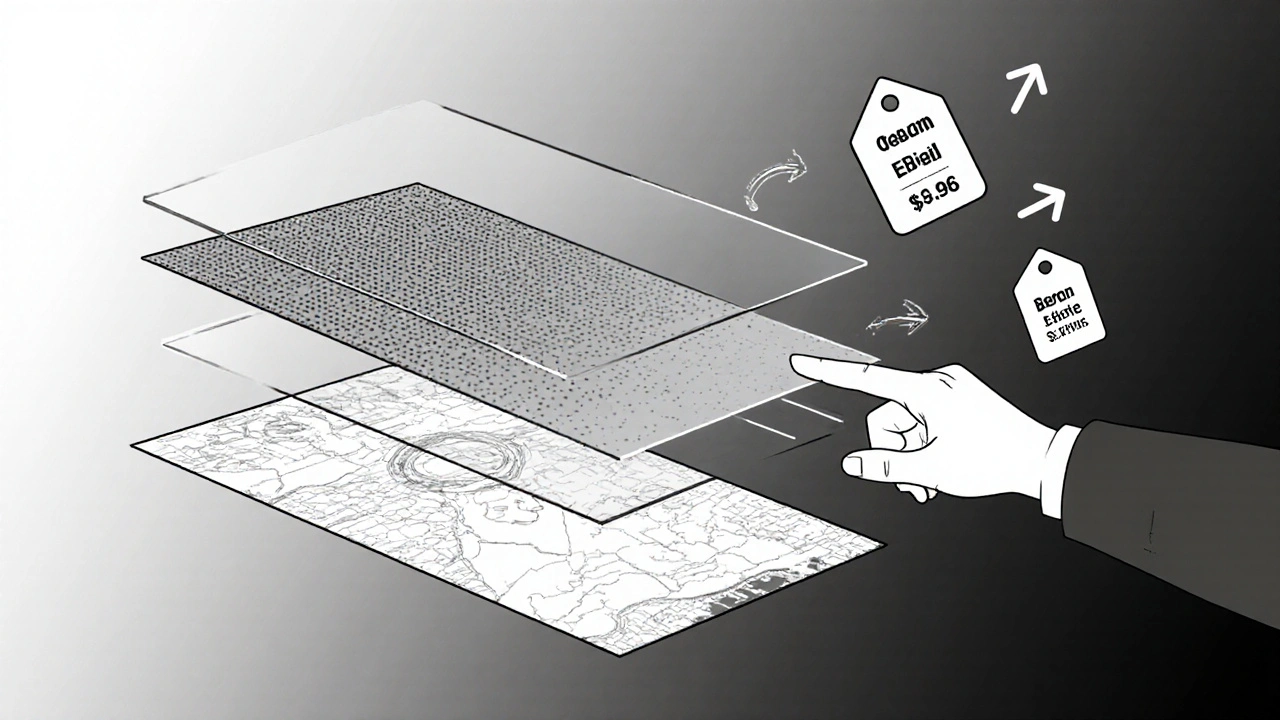 Drei transparente Portallebenen zeigen den Unterschied zwischen offiziellen Daten, visualisierten Karten und Marktpreisen.