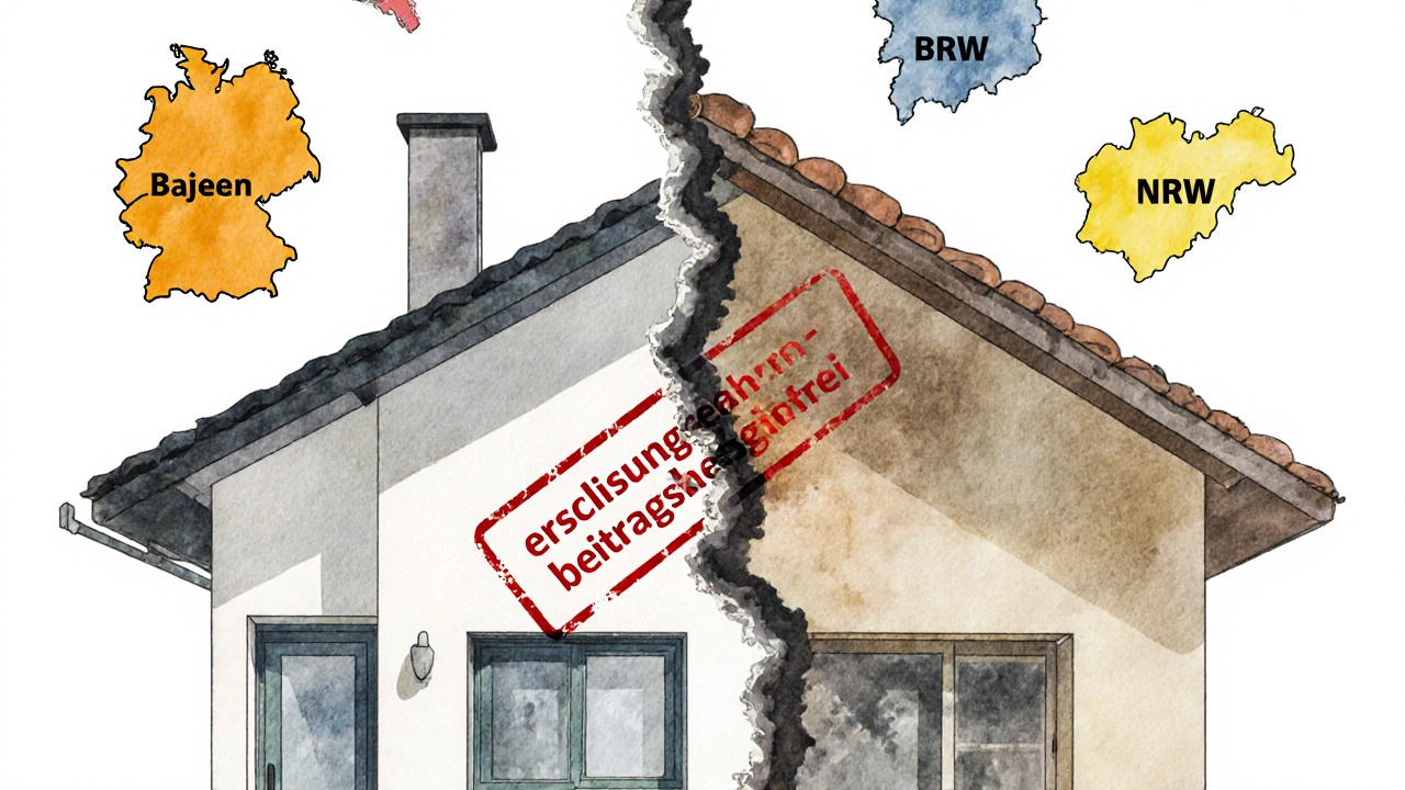 Ein Haus wird von einer Last aus Anliegerkosten gedrückt, während deutsche Bundesländer als Karten umherschweben.