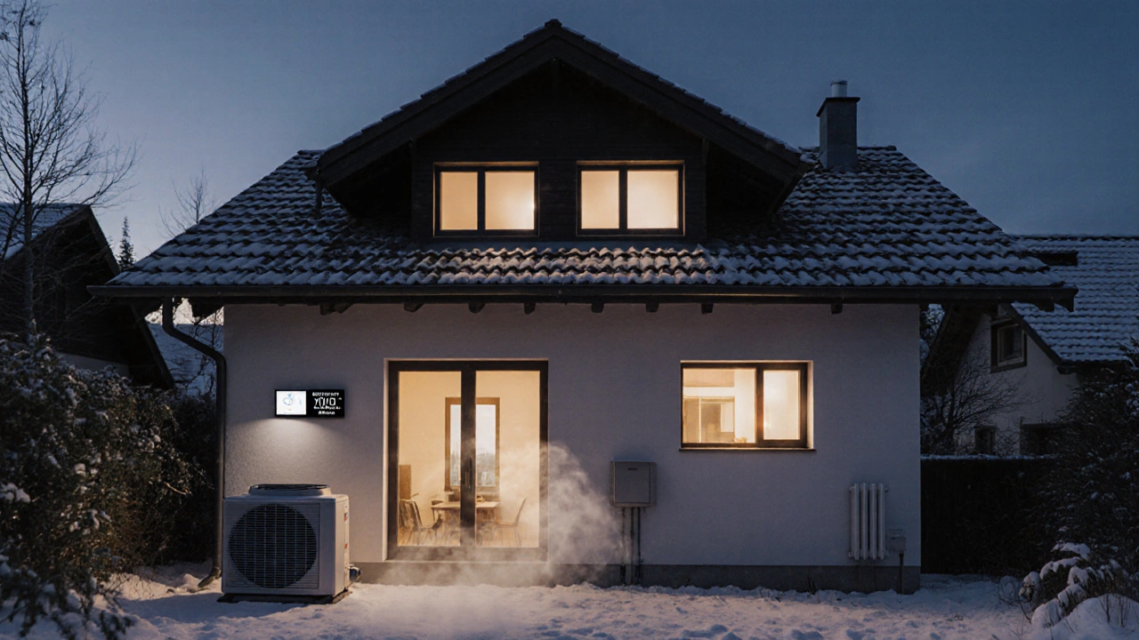 Ein modernisiertes KfW-70-Haus bei Dämmerung mit Wärmepumpe und Energiemonitor.