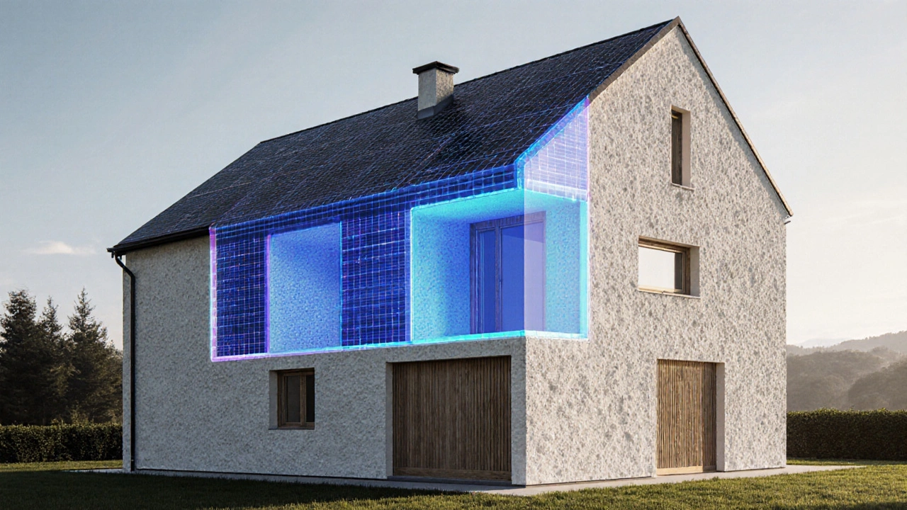 Fassade mit integrierter Photovoltaik, die wie Putz aussieht und solar Energie erzeugt, modern und innovativ.
