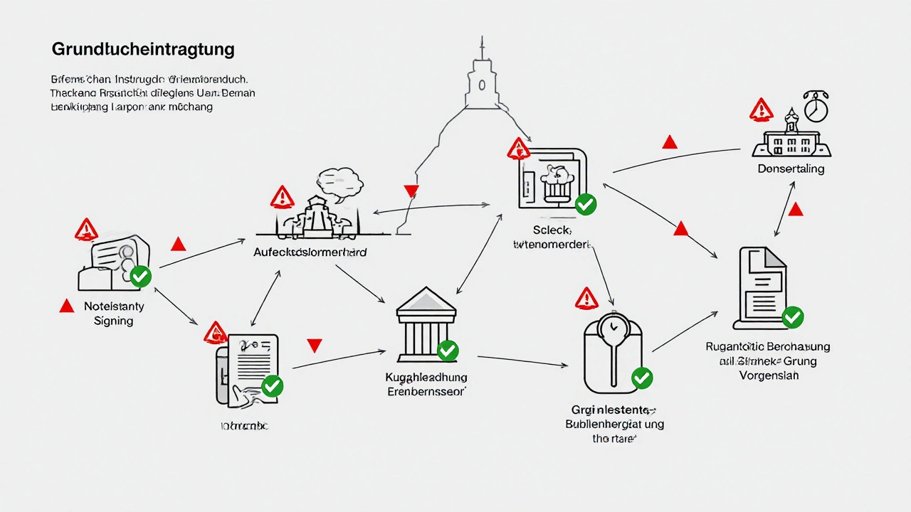 Flussdiagramm der Grundbucheintragung mit acht Schritten, stilisiert in Linienkunst, ohne Text, mit Rot und Grün als Statusmarkierungen.