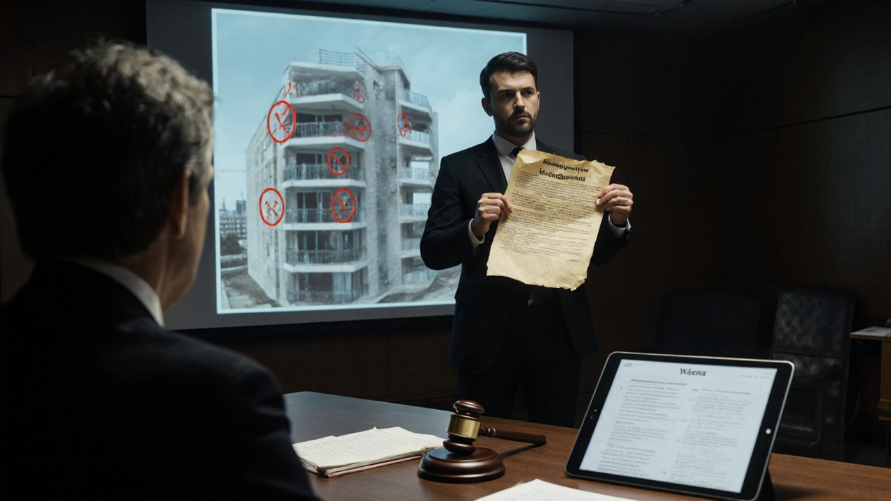 Gerichtssaal mit Hausbesitzer, der eine veraltete Teilungserklärung hält, während ein 3D-Modell des Gebäudes projiziert wird