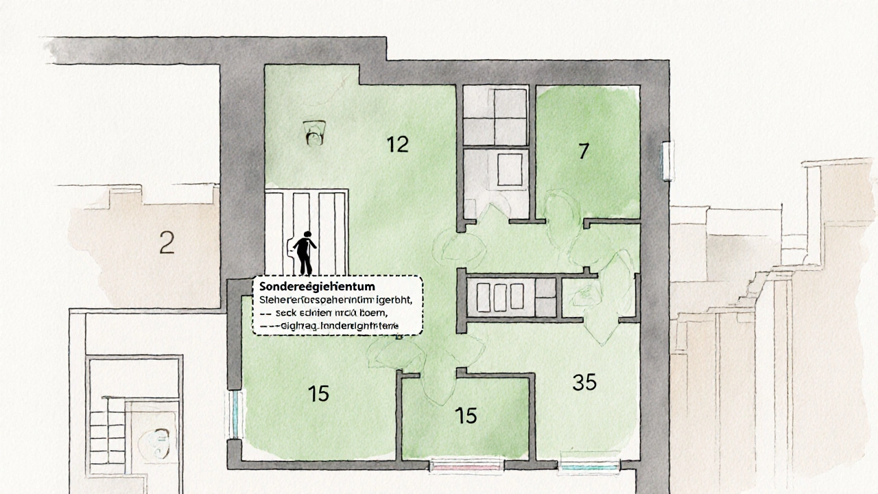 Grundriss eines Wohnhauses mit farblich gekennzeichneten Sondereigentum- und Gemeinschaftsflächen