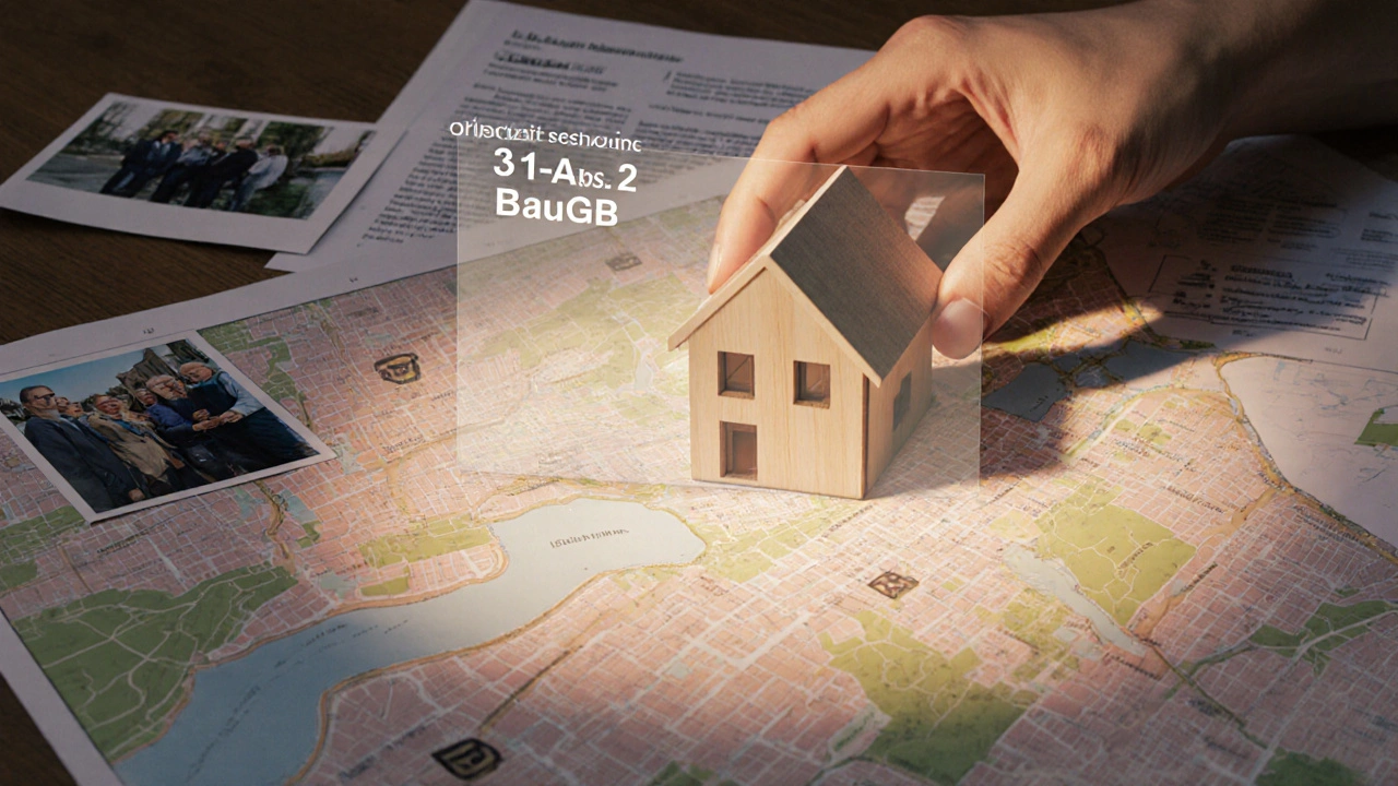 Hand legt ein Hausmodell auf eine Zonierungskarte, während rechtliche Texte darüber schweben, dargestellt als konzeptuelle digitale Malerei.