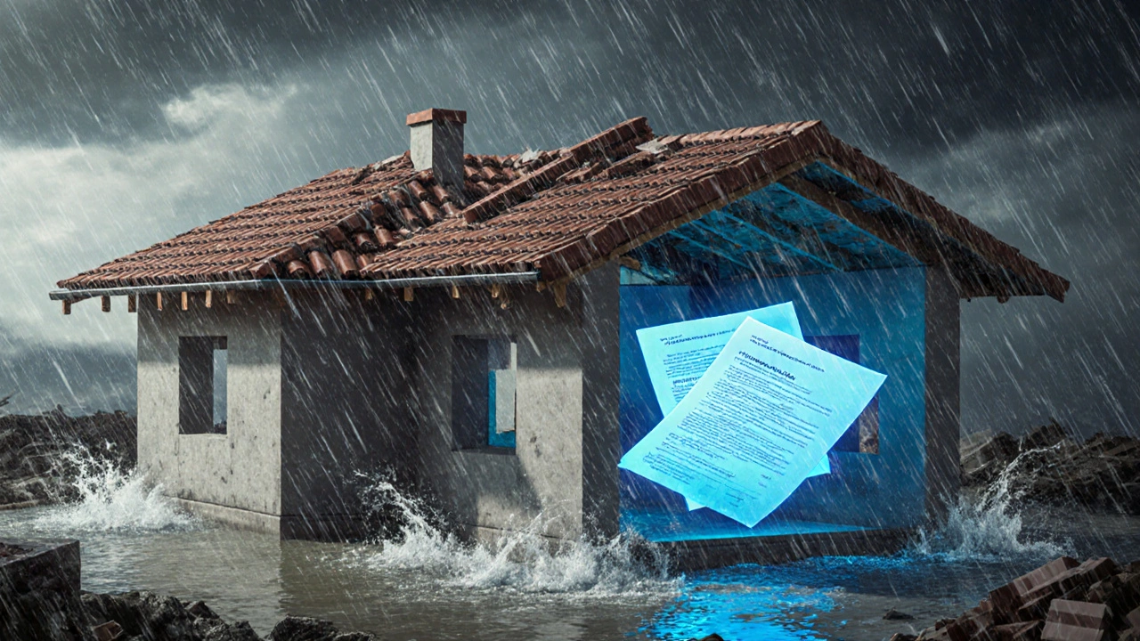 Haus im Sturm mit überschwemmtem Fundament und schützenden Versicherungsdokumenten