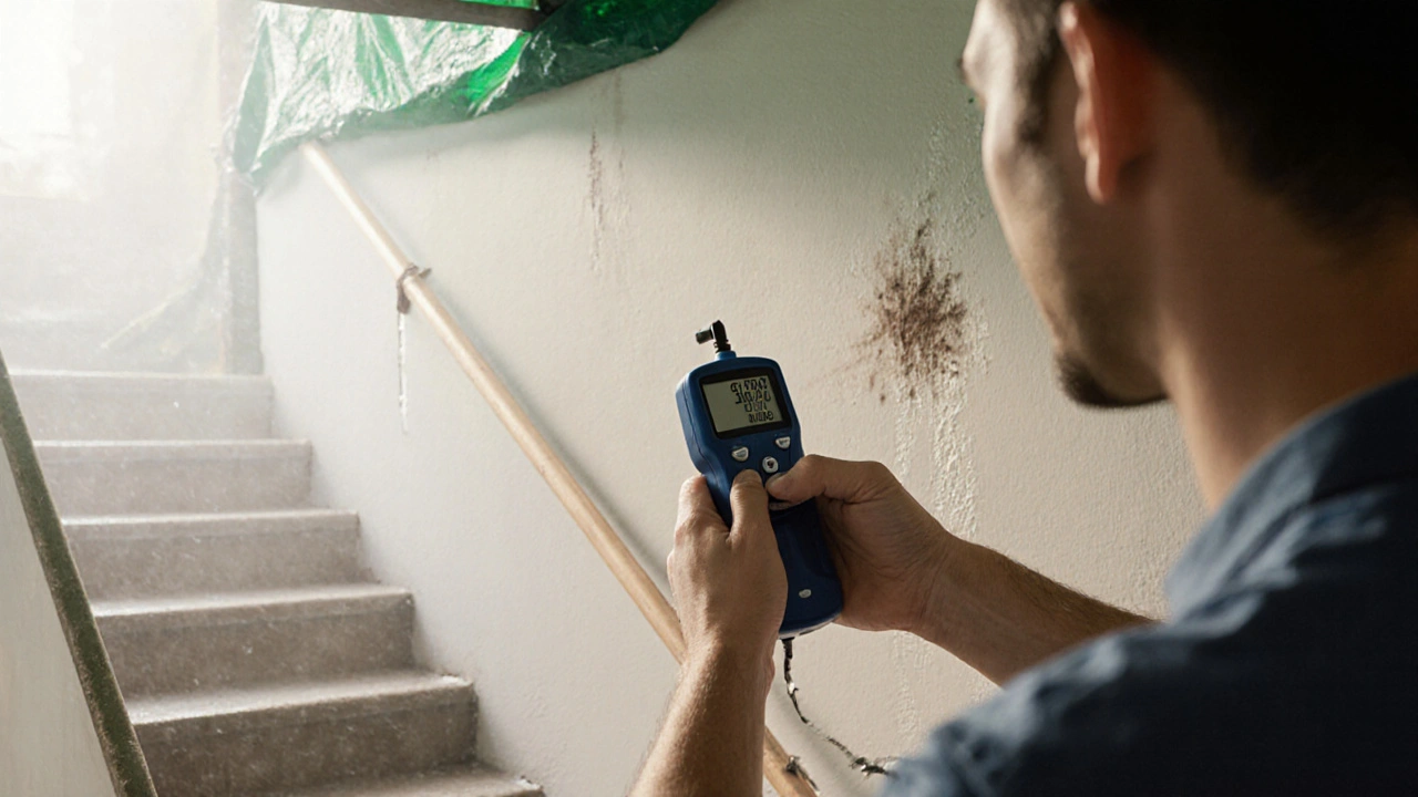 Hausbesitzer misst mit Feuchtigkeitsmesser die Wandfeuchtigkeit nach Abdichtung, dahinter eine abgedichtete Treppe unter einer einfachen Plane.