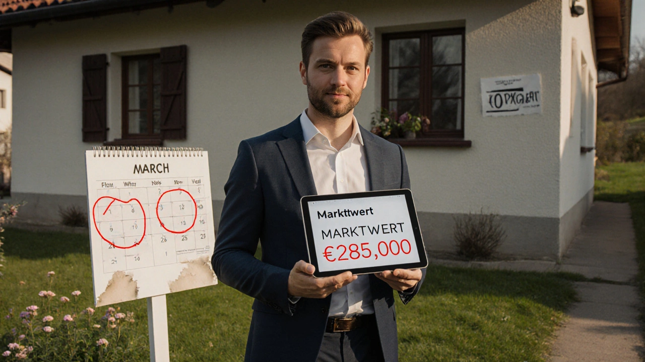 Immobilienmakler im März vor Einfamilienhaus mit Tablet, Marktwert und optimales Timing sichtbar.