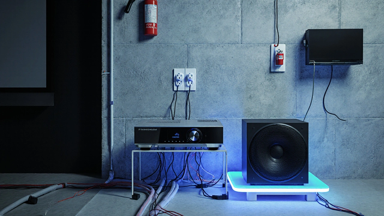 Kabelinstallation im Keller mit versteckten Leitungen, Steckdosen und Überspannungsschutz, ohne sichtbare Kabel.