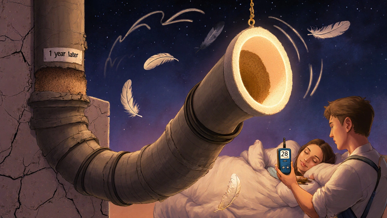 Konzeptbild: Zerfallende Sandbefüllung gegenüber einem modernen, ruhigen Verbundrohr mit ruhigem Schlafzimmer im Hintergrund.