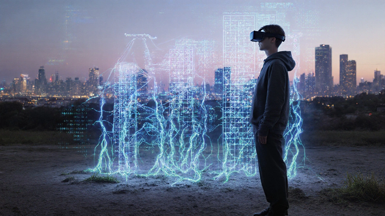 Mensch mit AR-Brille sieht holographische Bodenwert- und Bebauungsdaten über einem Grundstück schweben.