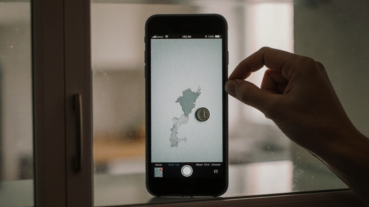 Nahaufnahme eines Handy-Bildes einer Wasserschadenstelle in der Küche mit 1-Euro-Münze als Maßstab und Farbkalibrierungskarte.